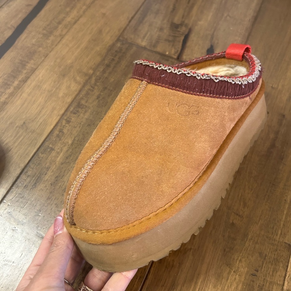 UGG Chestnut Suede Platform Mules with Red Accents - Picture 5 of 9